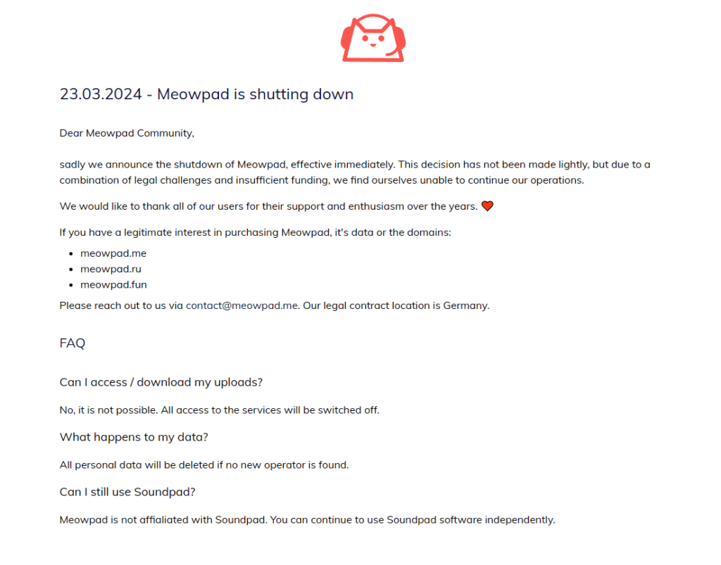 图片[1]-知名语音包网站 Meowpad 由于法律风险与资金不足宣布关站-芝士无限